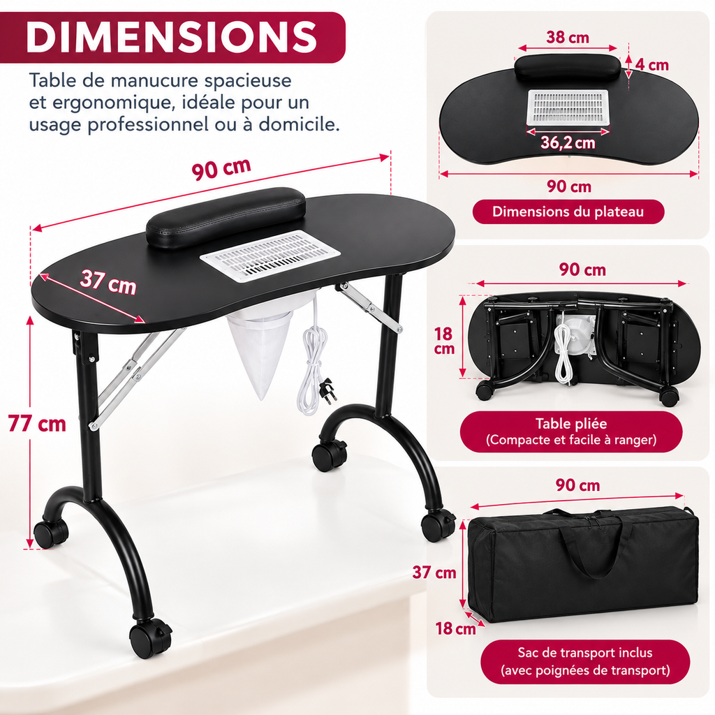 Table De Manucure Professionnelle Pliante Avec Aspirateur À Ongles Intégré, Repose-Mains, Roulettes Et Sac De Transport