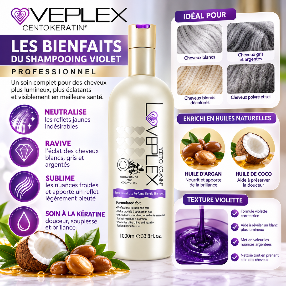 VEPLEX Pro Keratin – Shampooing Violet Déjaunisseur Professionnel – 1000 ml