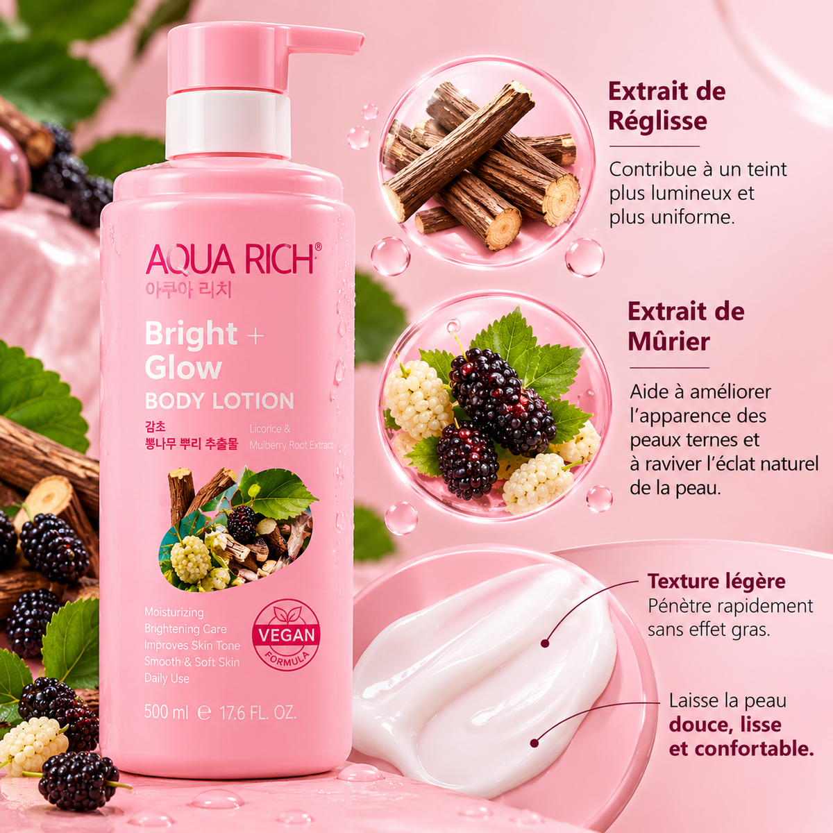 AQUA RICH Bright + Glow Body Lotion – Lait Corps Éclat Réglisse & Mûrier