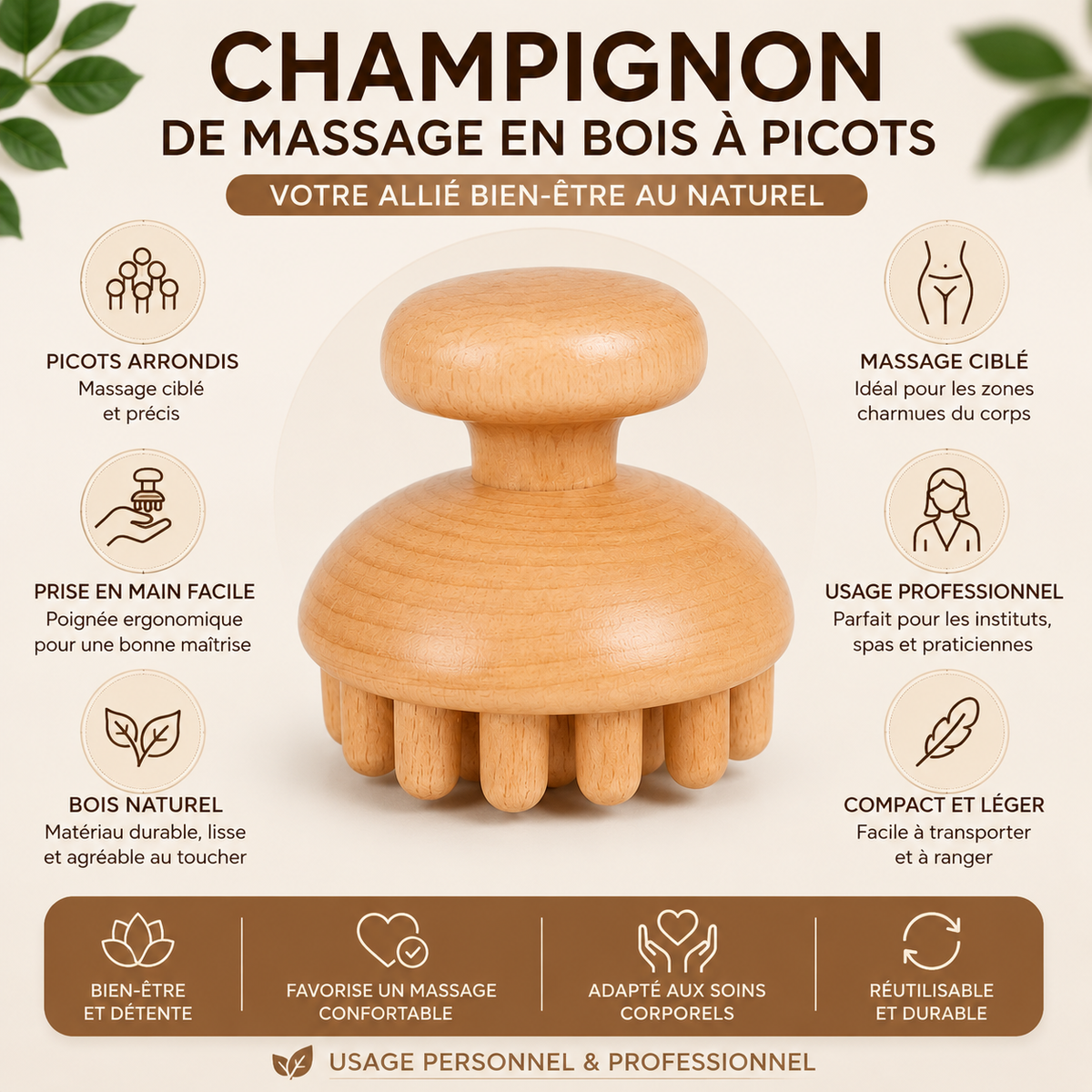 Champignon de Massage en Bois à Picots – Madérothérapie Corps