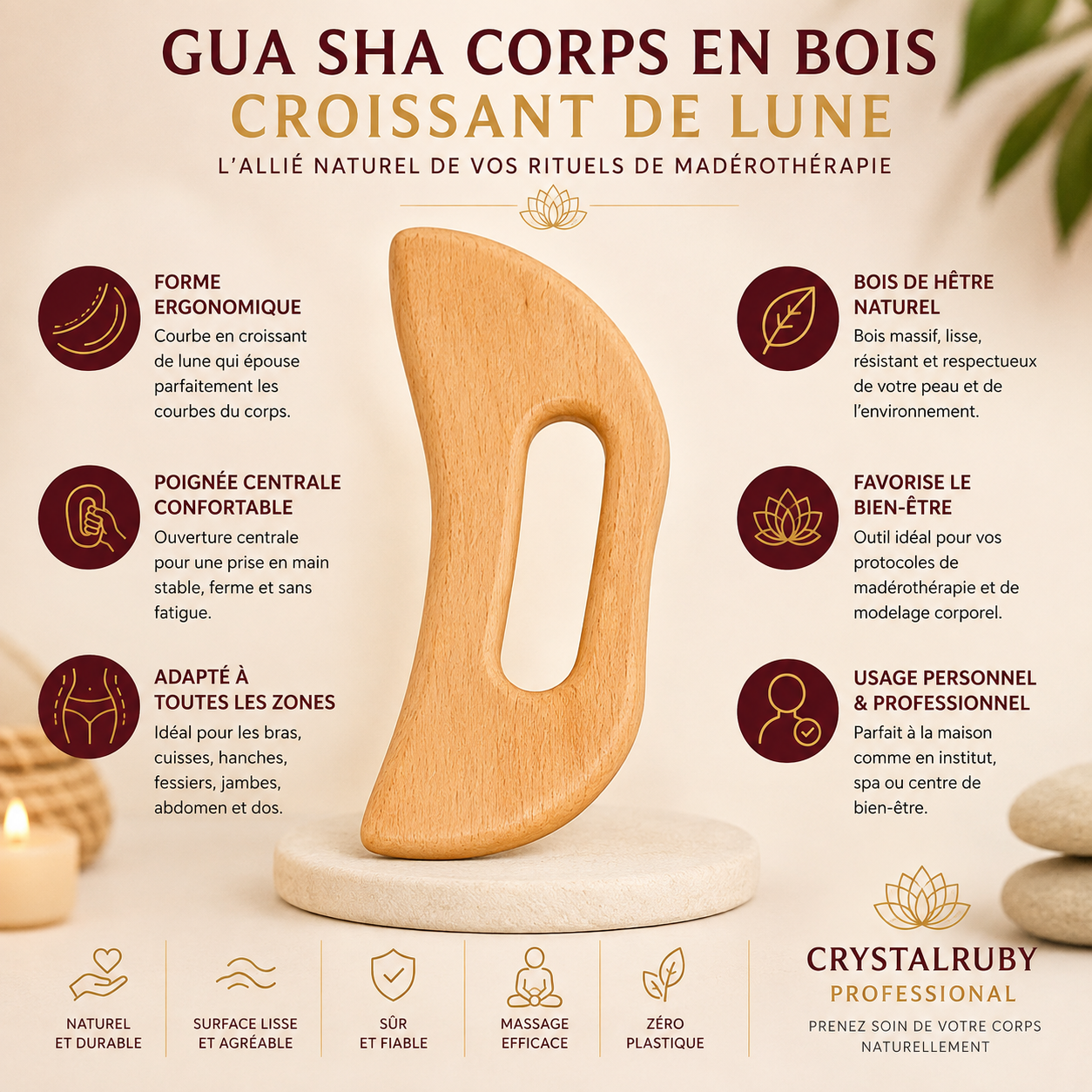 Gua Sha Corps en Bois Forme Croissant de Lune – Madérothérapie