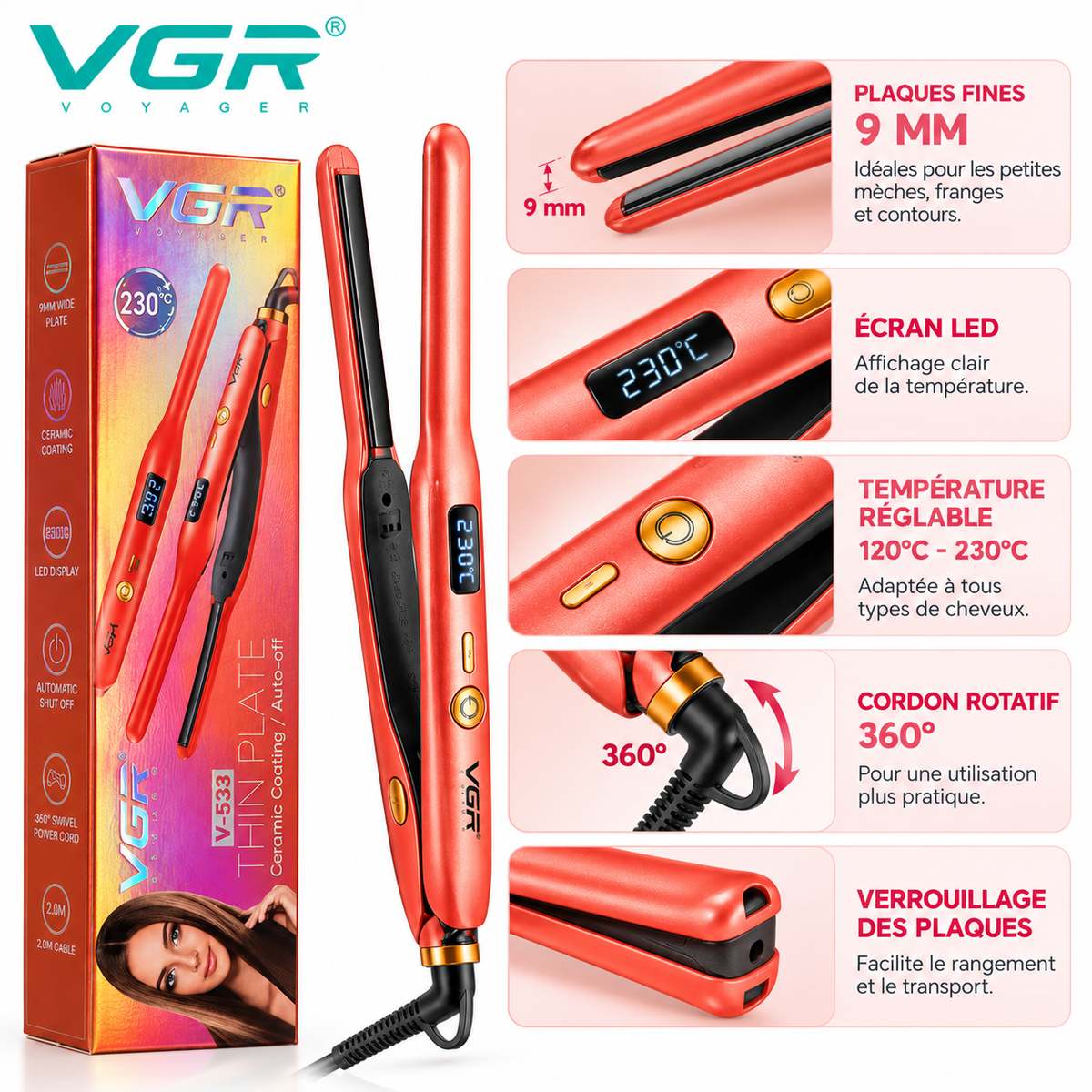 VGR V-523 – Lisseur Professionnel Céramique à Plaques Fines 9 mm, Température Réglable 120–230 °C, Écran LED – Rose Gold