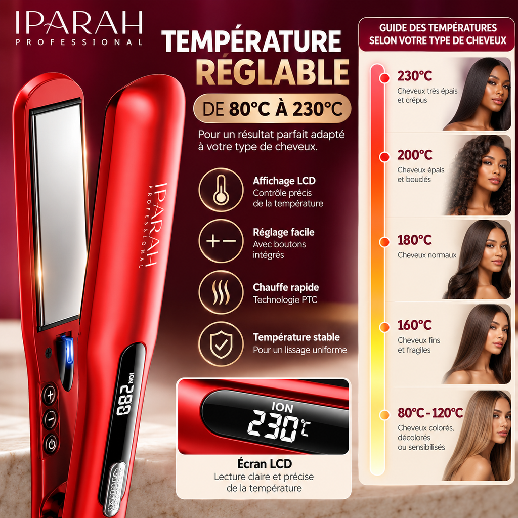 IPARAH Nano Titanium P-108 – Lisseur Professionnel à Plaques Larges 43 mm avec Écran Digital – Rouge