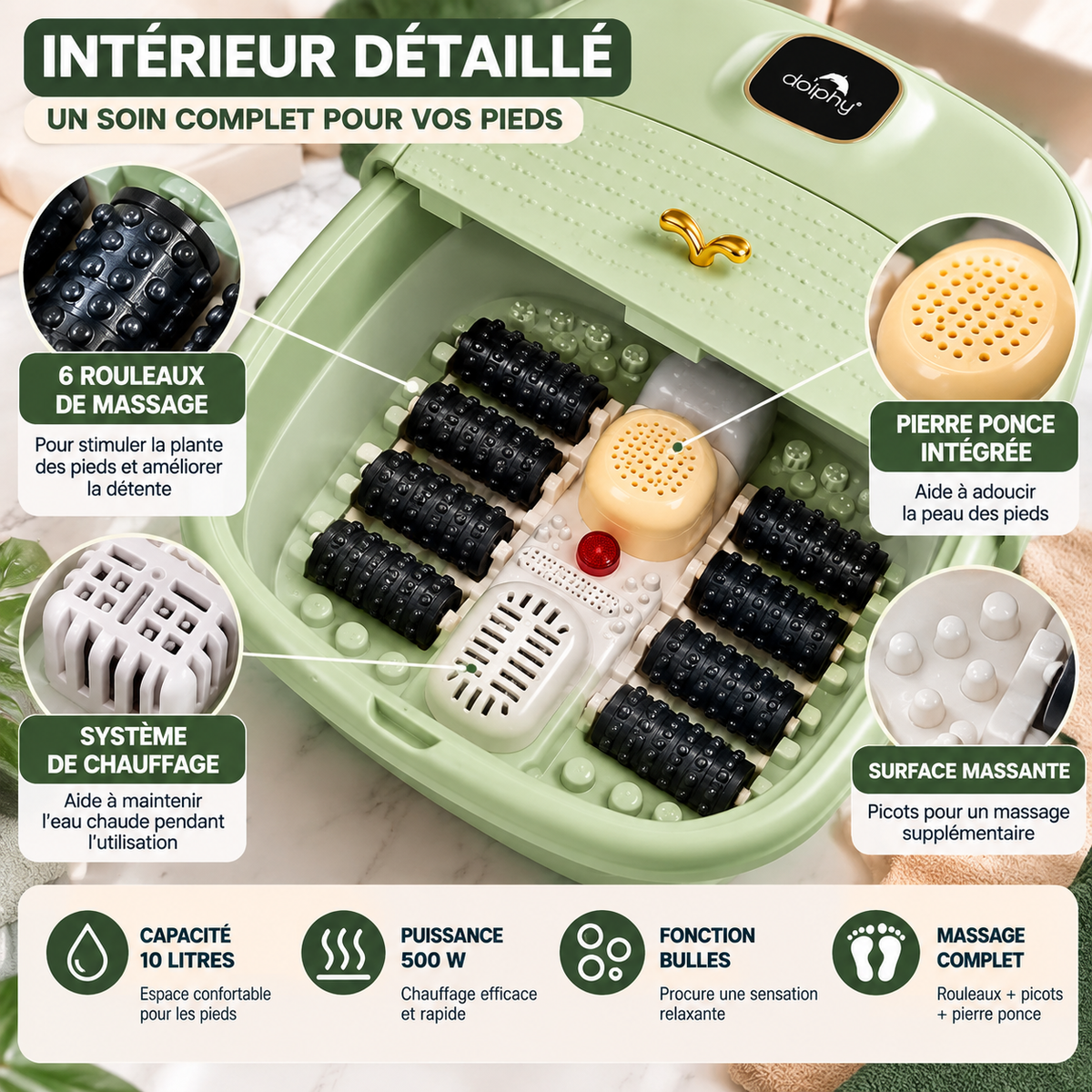 Bain de Pieds Électrique Pliable 10L – Spa Chauffant 500W avec Bulles et Rouleaux de Massage – Vert Sauge