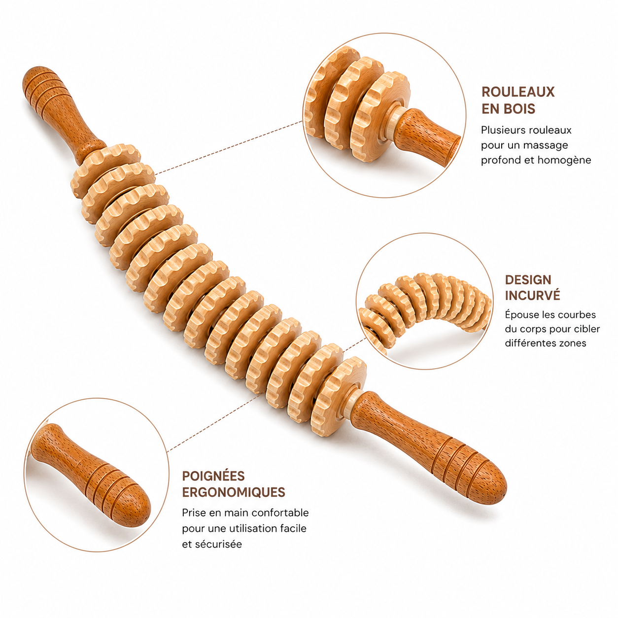 Rouleau de Massage Corporel en Bois Incurvé 45 cm – 12 Roues & Poignées Ergonomiques