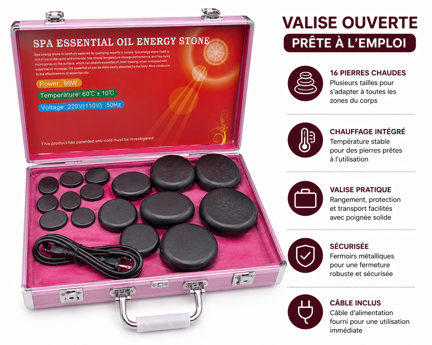 Kit de 16 Pierres Chaudes avec Valise Chauffante Électrique – Massage Spa