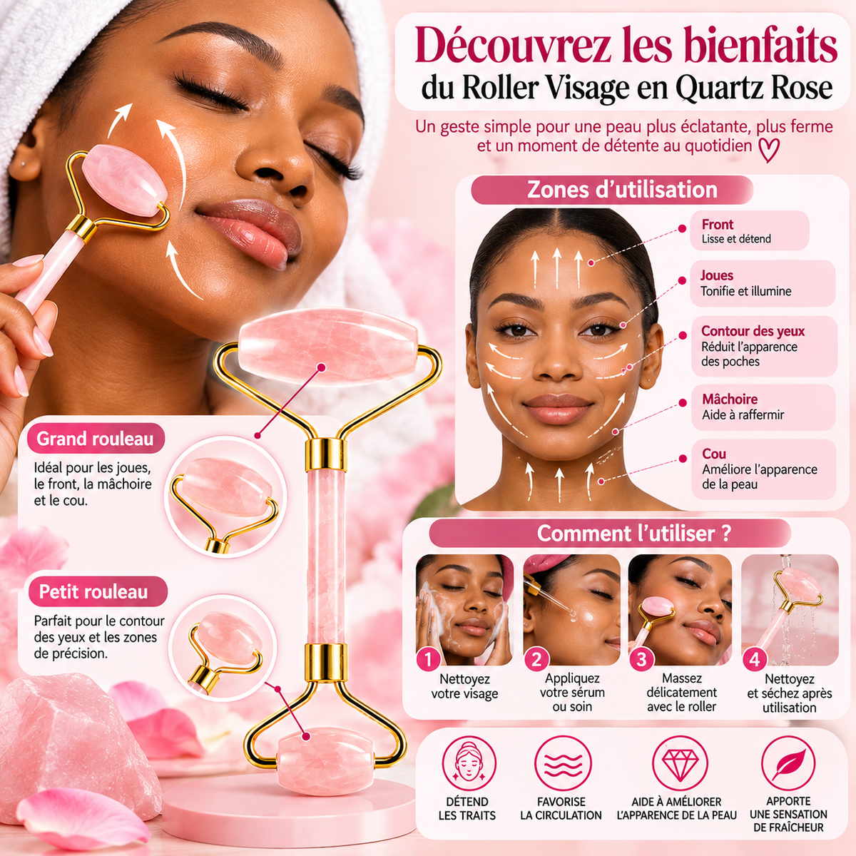 Roller Visage Double Embout en Quartz Rose – Rouleau de Massage Facial