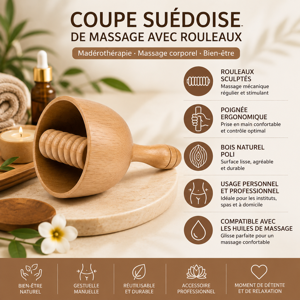 Coupe Suédoise de Massage en Bois avec Rouleaux – Madérothérapie Corps