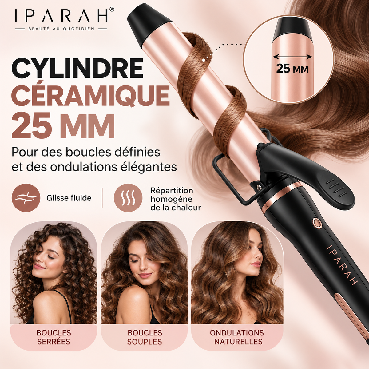 IPARAH P-201 – Fer à Boucler Professionnel Ionique 25 mm – Boucleur en Céramique, Chauffe Rapide PTC, 3 Températures Réglables – Rose Gold & Noir