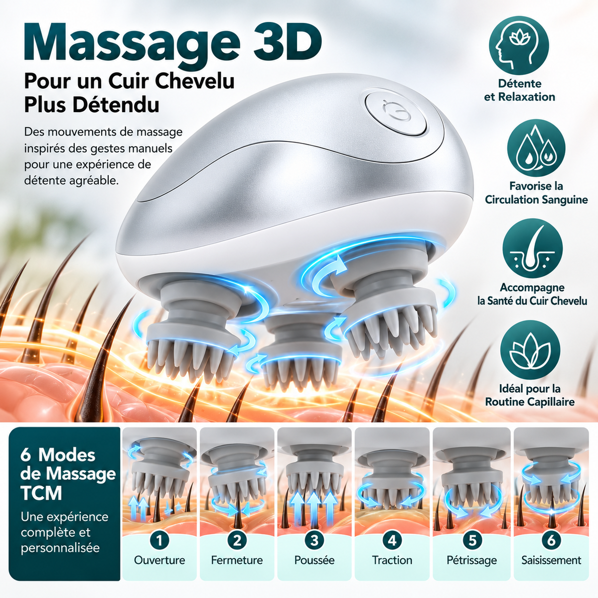 Masseur Électrique du Cuir Chevelu GX-608 – Appareil de Massage Crânien 3D Relaxant – 5W – Blanc