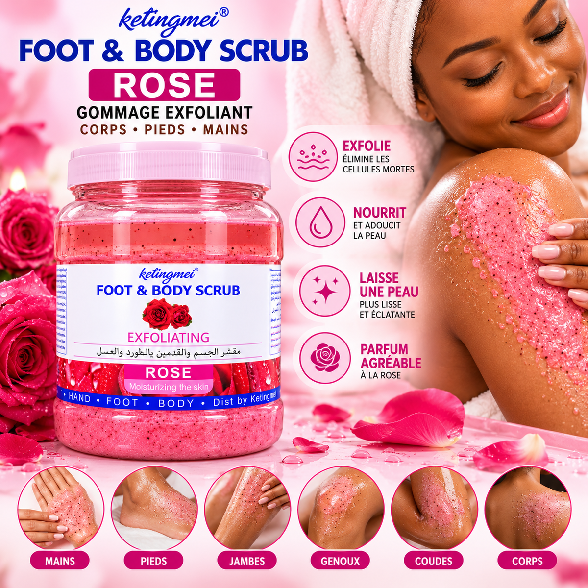 Ketingmei Foot & Body Scrub Rose – Gommage Exfoliant Corps, Pieds & Mains