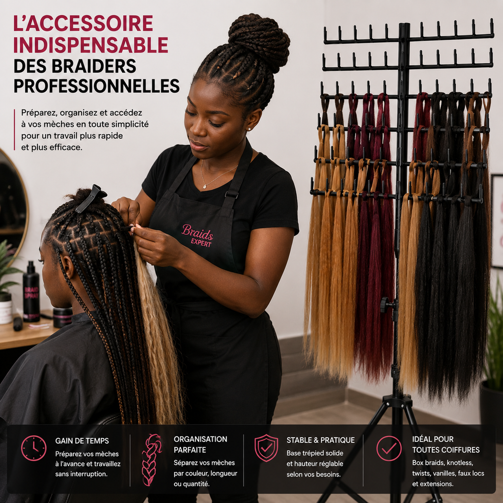 Support Professionnel Réglable pour Tresses et Extensions de Cheveux – Organisateur 60 Emplacements sur Trépied