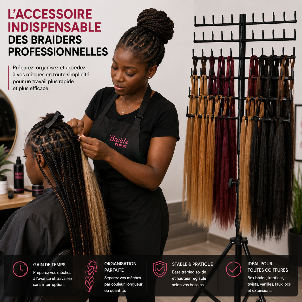 Support Professionnel Réglable pour Tresses et Extensions de Cheveux – Organisateur 60 Emplacements sur Trépied