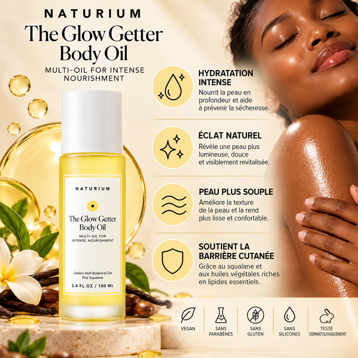 NATURIUM The Glow Getter Body Oil – Huile Corporelle Nourrissante Multi-Huiles au Squalane – Hydratation Intense & Éclat – 100 ml