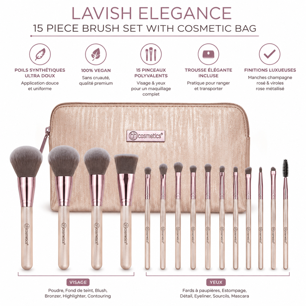 BH Cosmetics Lavish Elegance – Set de 15 Pinceaux Maquillage avec Trousse