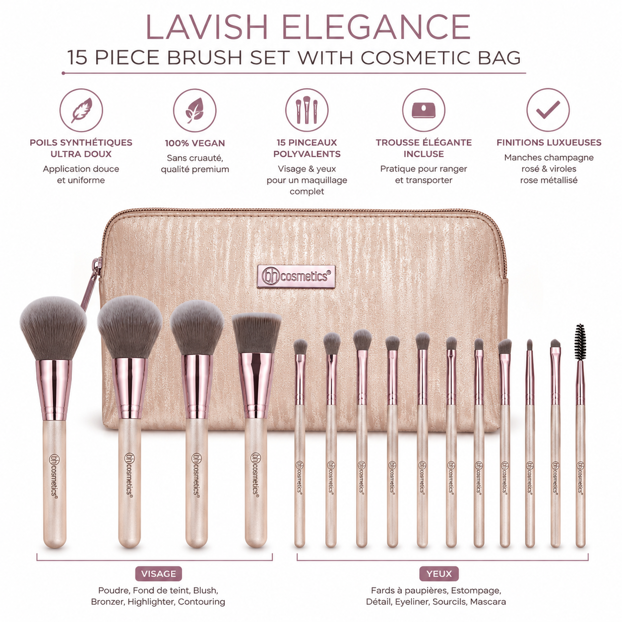 BH Cosmetics Lavish Elegance – Set de 15 Pinceaux Maquillage avec Trousse