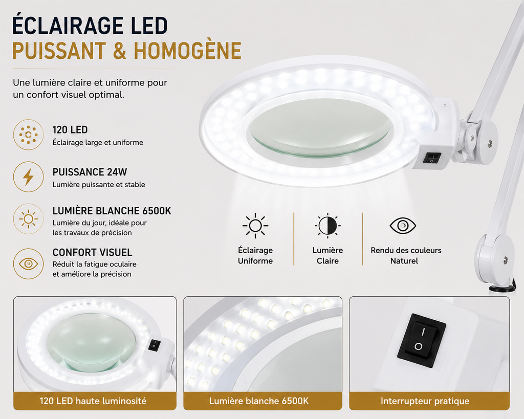 Lampe Loupe LED Professionnelle sur Pied à Roulettes – Grossissement jusqu’à 10X pour Esthétique et Soins