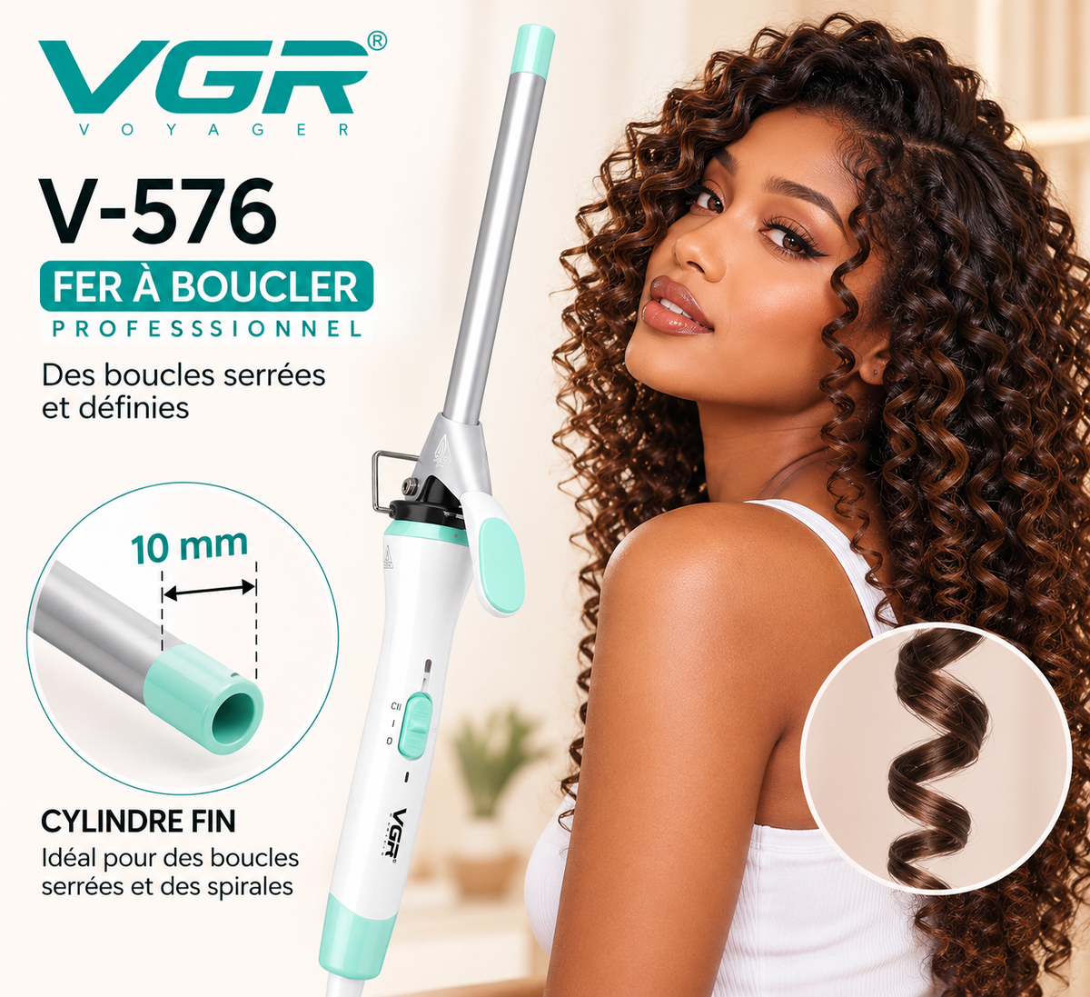 VGR V-576 – Fer À Boucler Professionnel Céramique 10 mm, Boucles Serrées Et Définies, Chauffe Rapide PTC, 2 Températures Jusqu'à 220 °C – Blanc