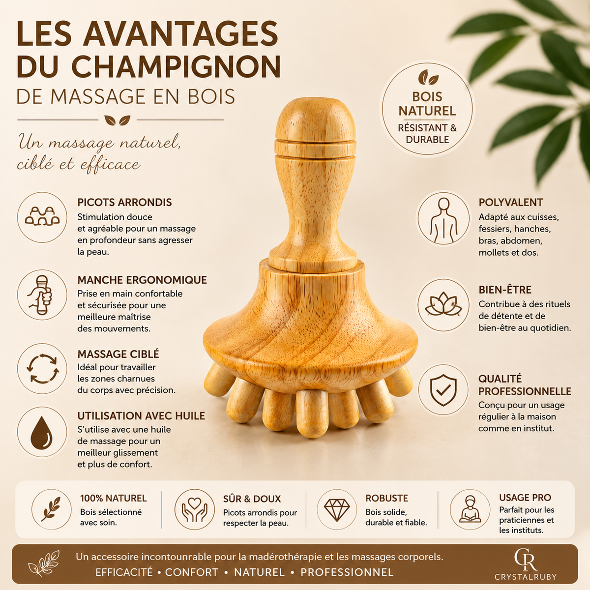 Champignon de Massage en Bois à Manche Long &amp; Picots Arrondis – Madérothérapie Corps