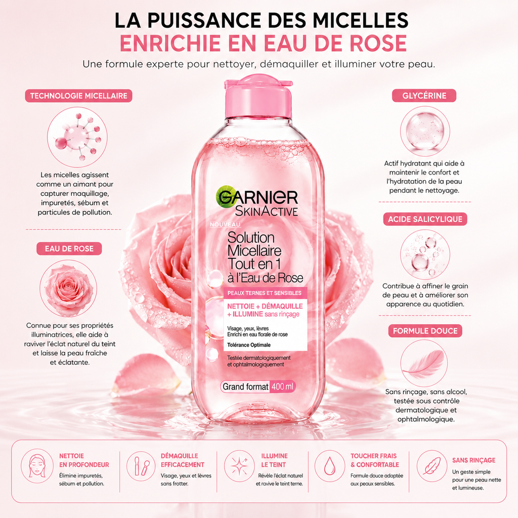 Garnier SkinActive Solution Micellaire Tout-en-1 à l’Eau de Rose – 400 ml