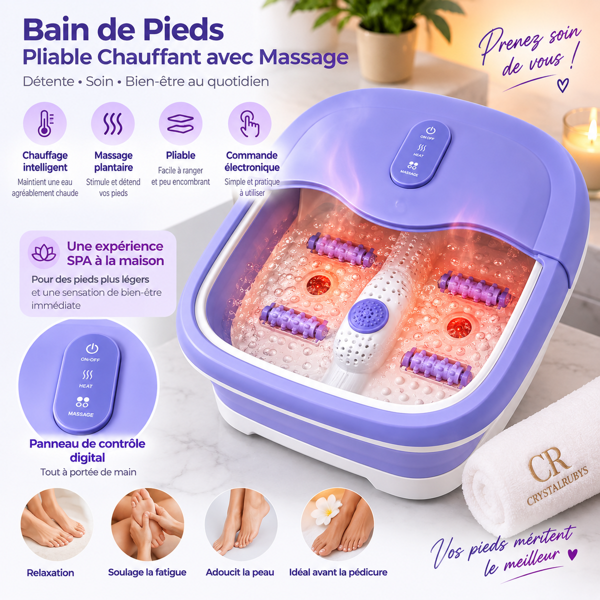 Bain de Pieds Pliable Chauffant avec Massage – Spa Pédicure Électrique