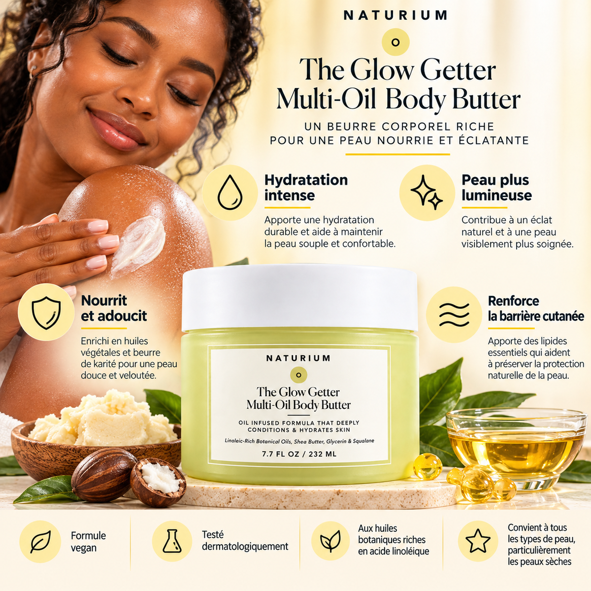 NATURIUM The Glow Getter Multi-Oil Body Butter – Beurre Corporel Nourrissant & Hydratant aux Huiles Végétales – 232 ml
