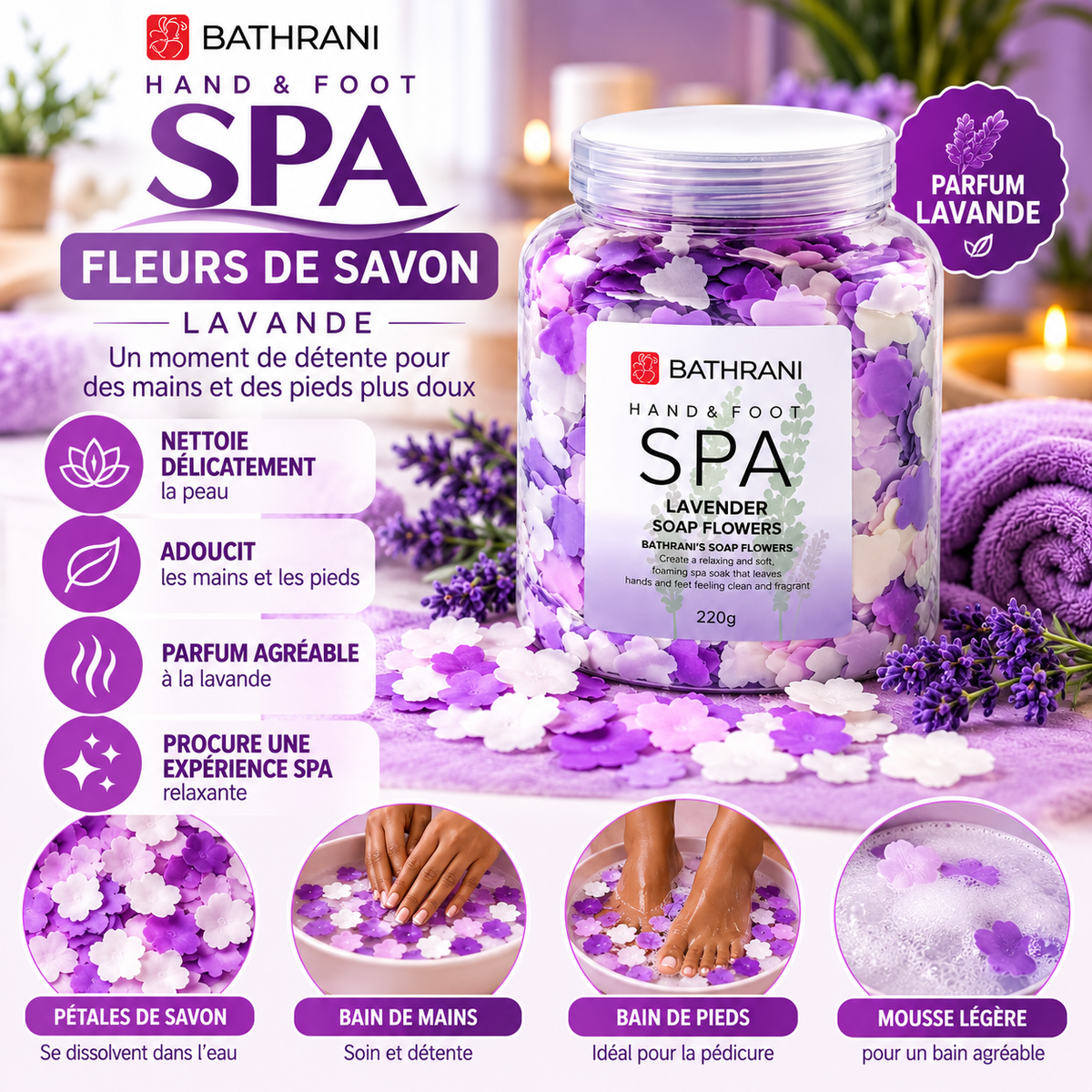 BATHRANI Fleurs de Savon Spa Lavande Mains & Pieds 220 g