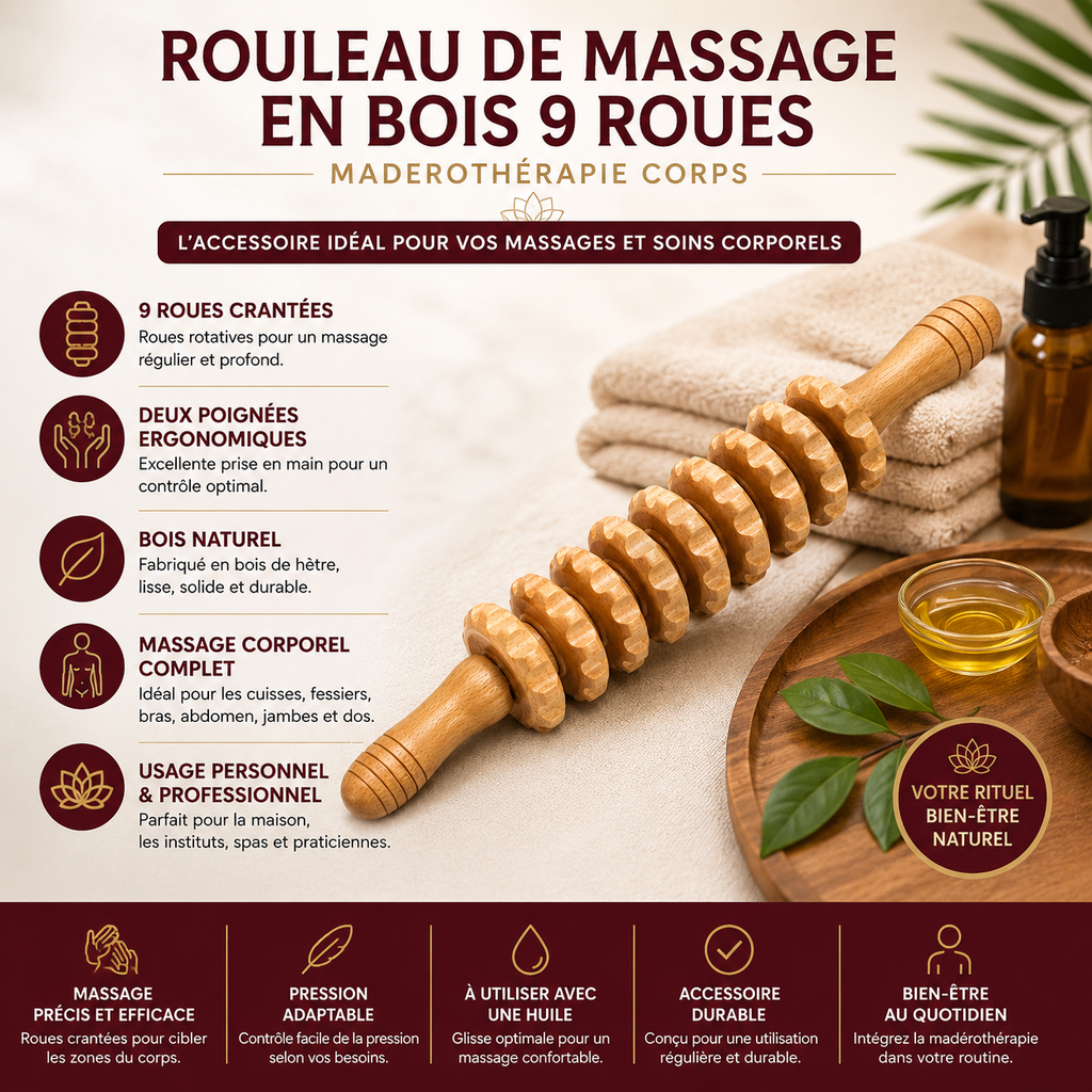 Rouleau de Massage en Bois 9 Roues – Madérothérapie Corps