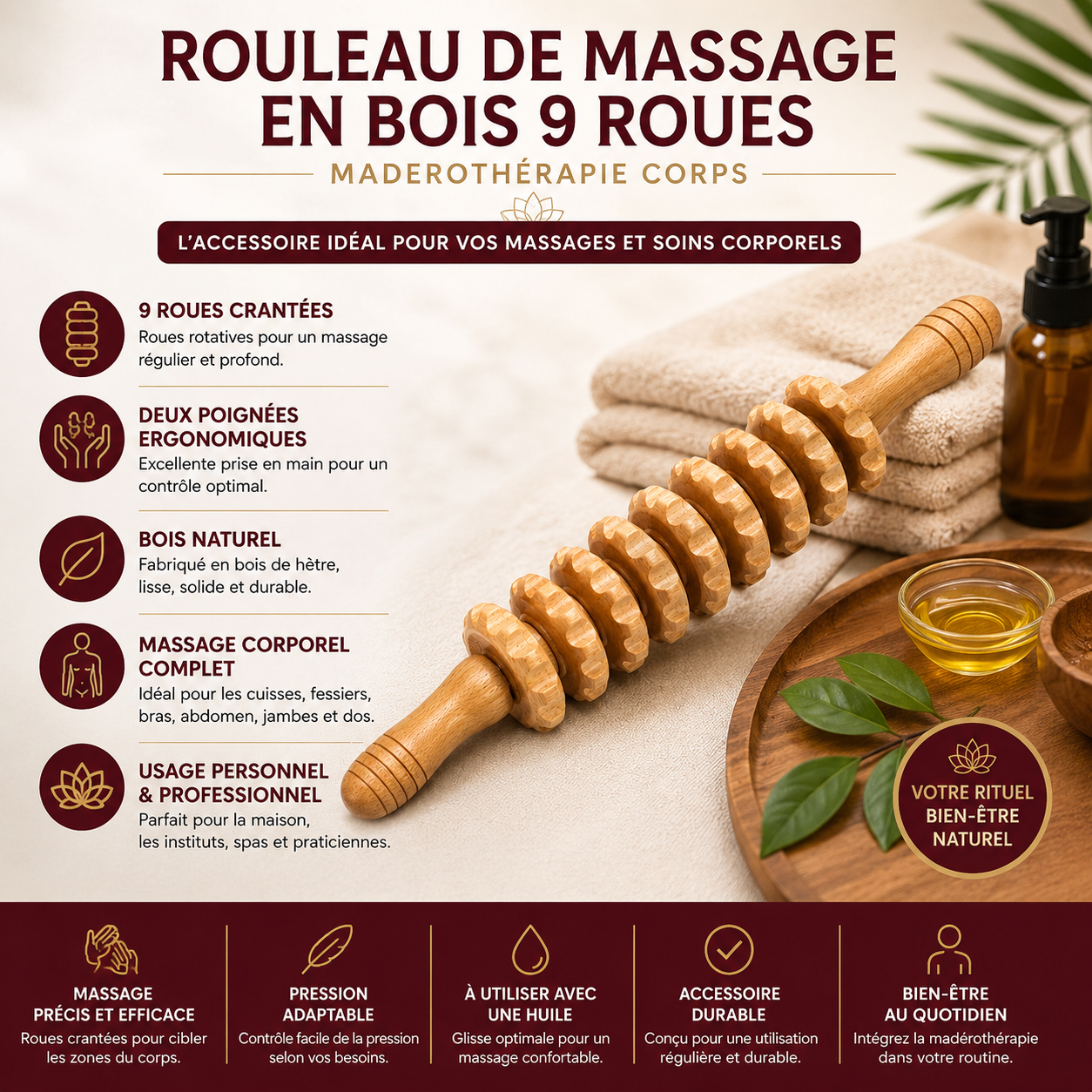 Rouleau de Massage en Bois 9 Roues – Madérothérapie Corps