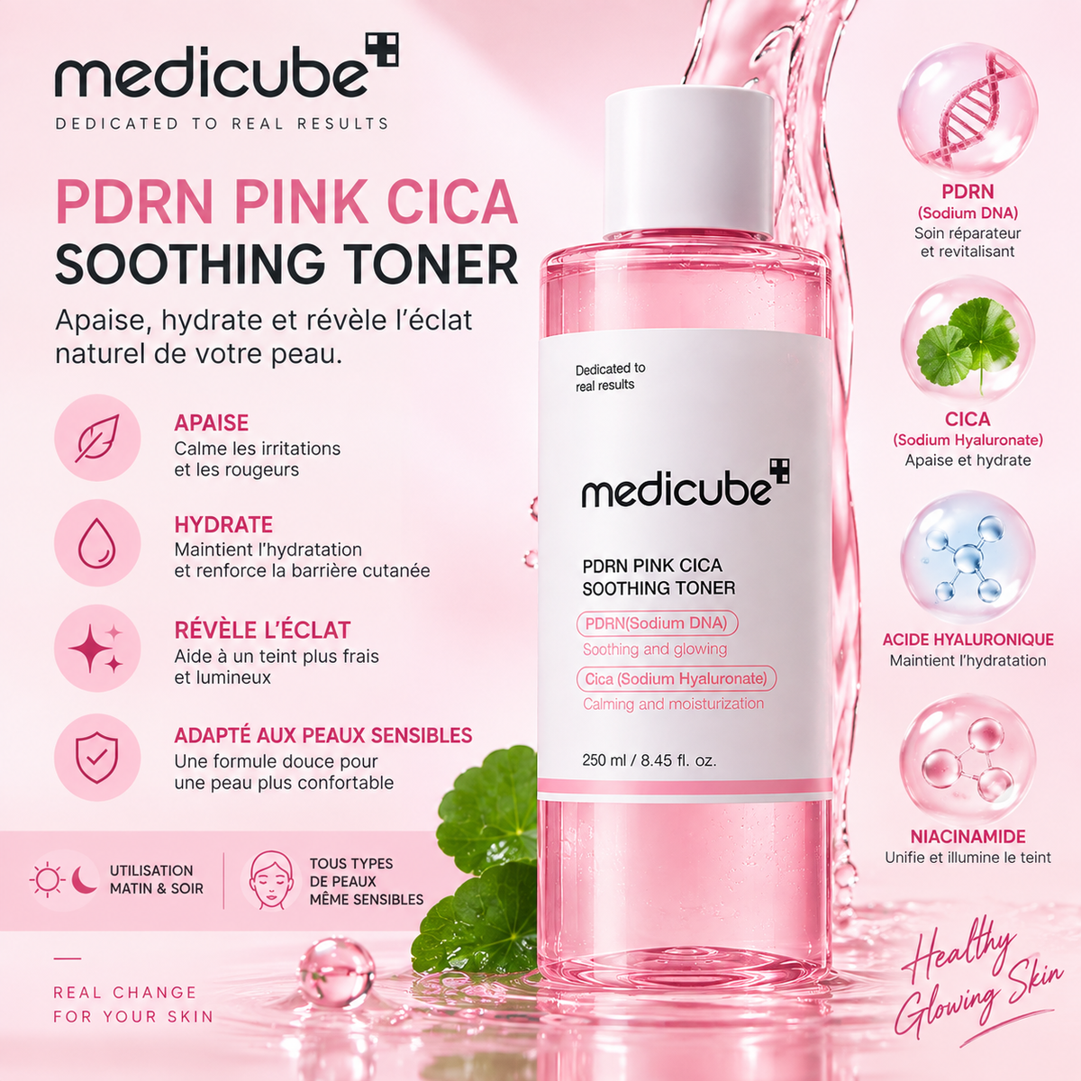 Medicube PDRN Pink Cica Soothing Toner – Tonique Apaisant, Hydratant & Éclat – 250 ml
