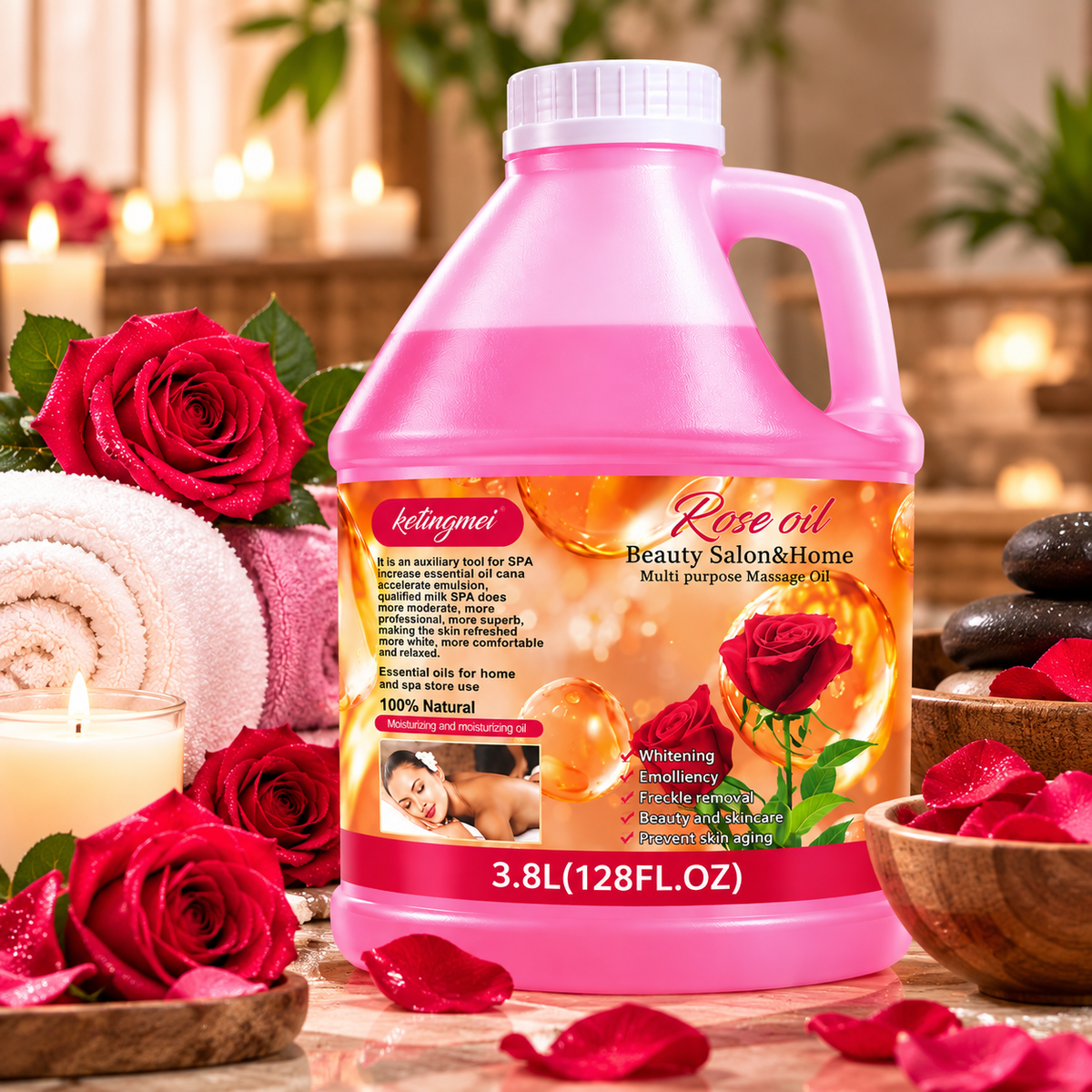 Ketingmei Huile de Massage Corps à la Rose – Grand Format Professionnel 3,8 L