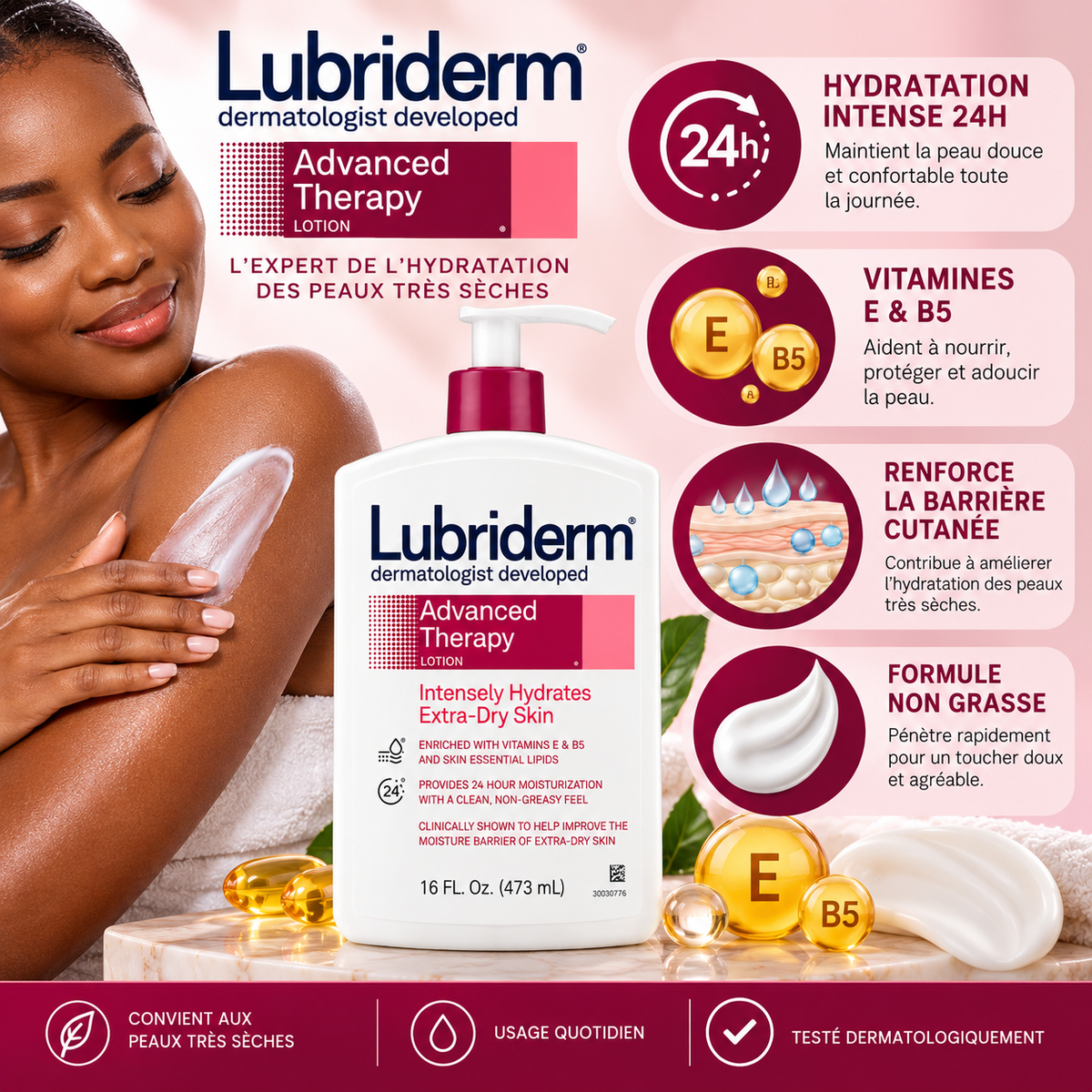 LUBRIDERM Advanced Therapy Lotion – Lait Corporel Hydratation Intense 24H pour Peaux Très Sèches – 473 ml