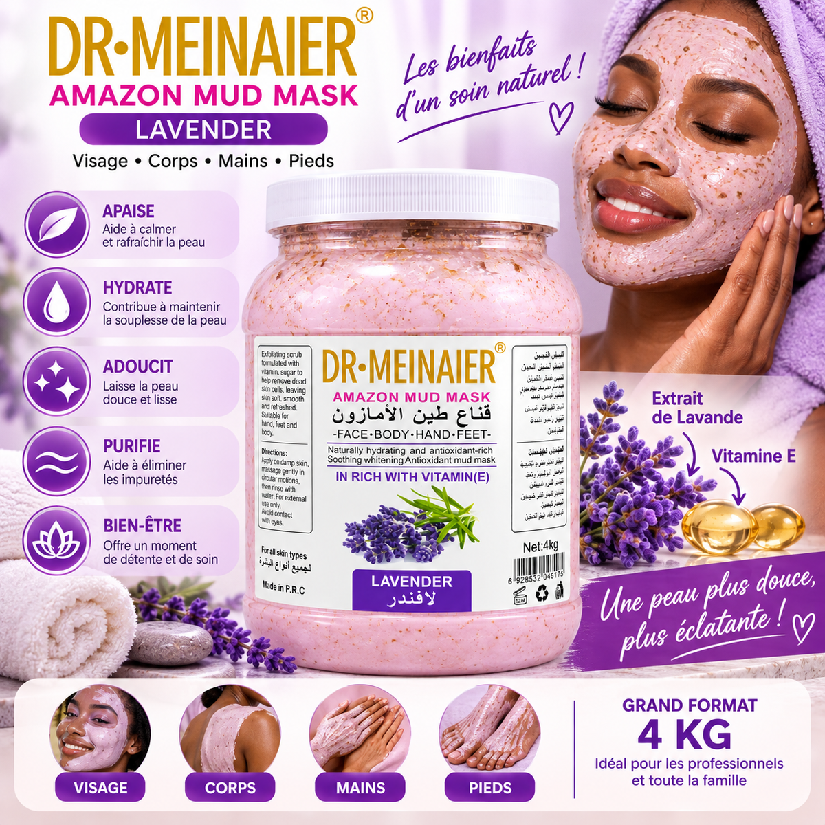 DR.MEINAIER Amazon Mud Mask Lavande & Vitamine E 4 kg – Masque Visage, Corps, Mains & Pieds