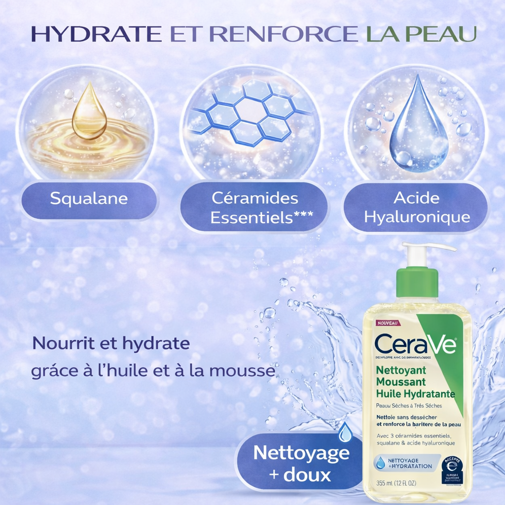 CeraVe Nettoyant Moussant Huile Hydratante – Nettoie Sans Dessécher – Peaux Sèches à Très Sèches 236ml