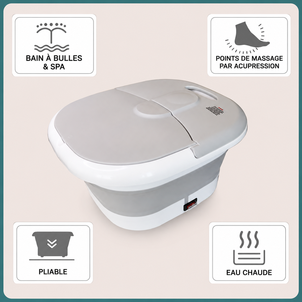 Bain de Pied Pliable Multifonction Chauffant – Massage & Relaxation SPA à Domicile (Rose / Gris)