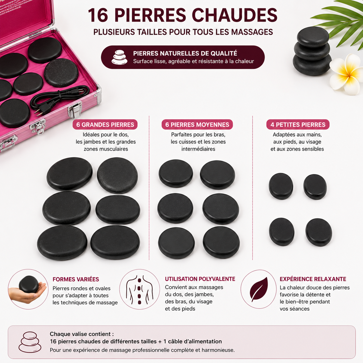 Kit de 16 Pierres Chaudes avec Valise Chauffante Électrique – Massage Spa