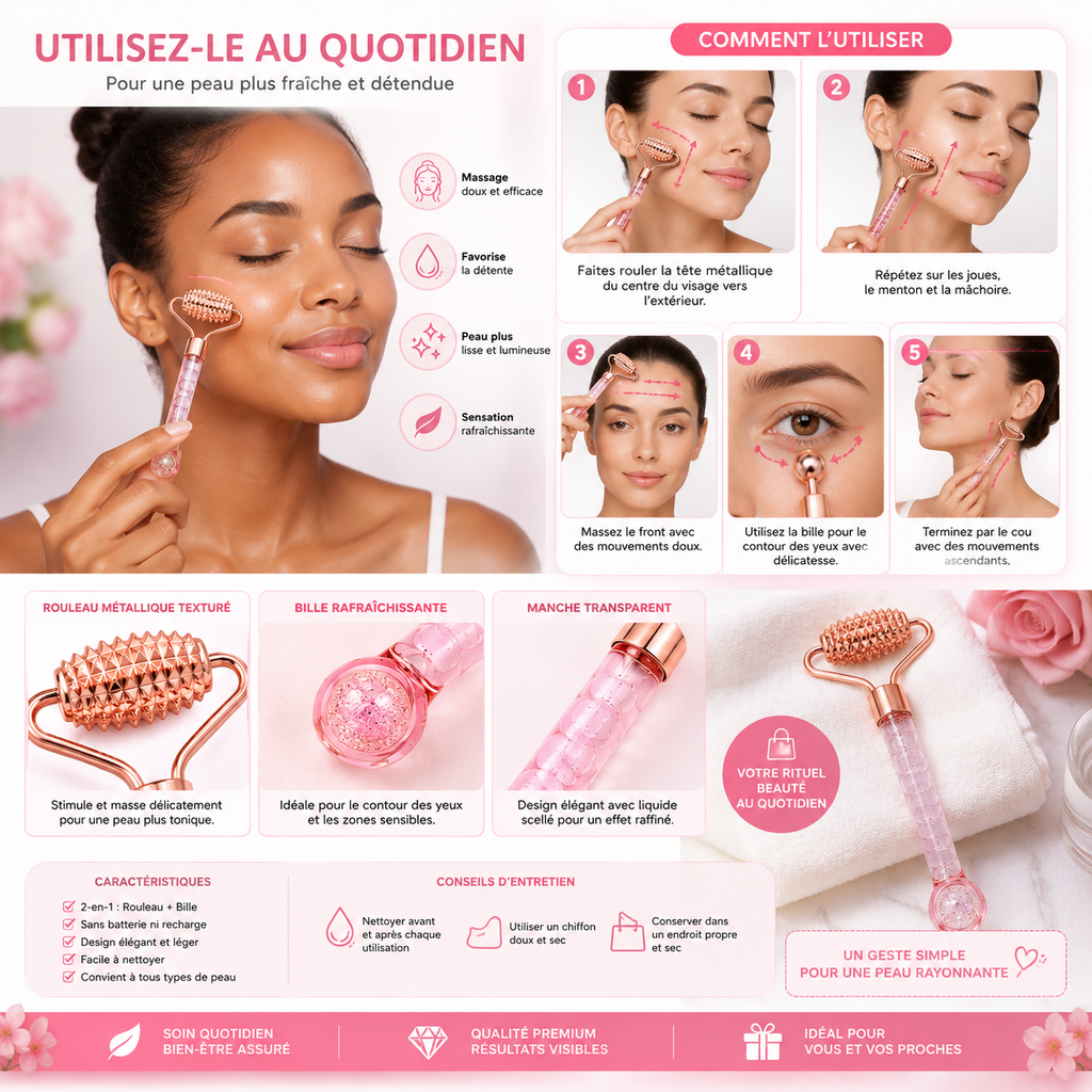 Rouleau de Massage Facial 2-en-1 avec Bille Rafraîchissante pour le Contour des Yeux