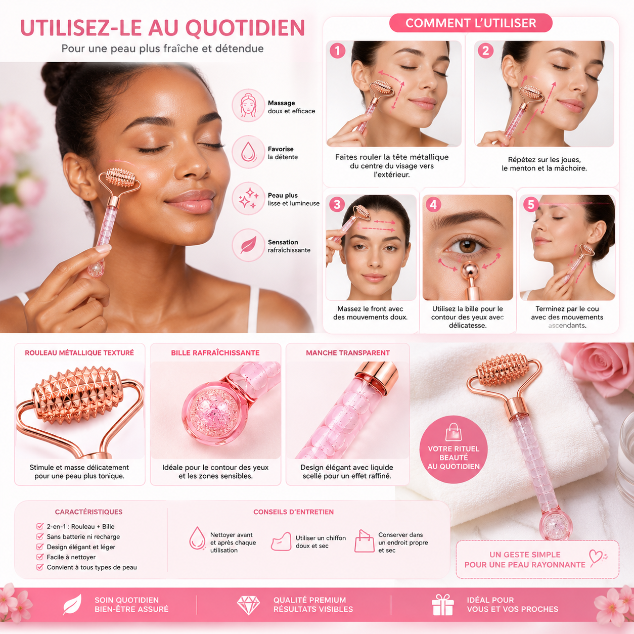 Rouleau de Massage Facial 2-en-1 avec Bille Rafraîchissante pour le Contour des Yeux