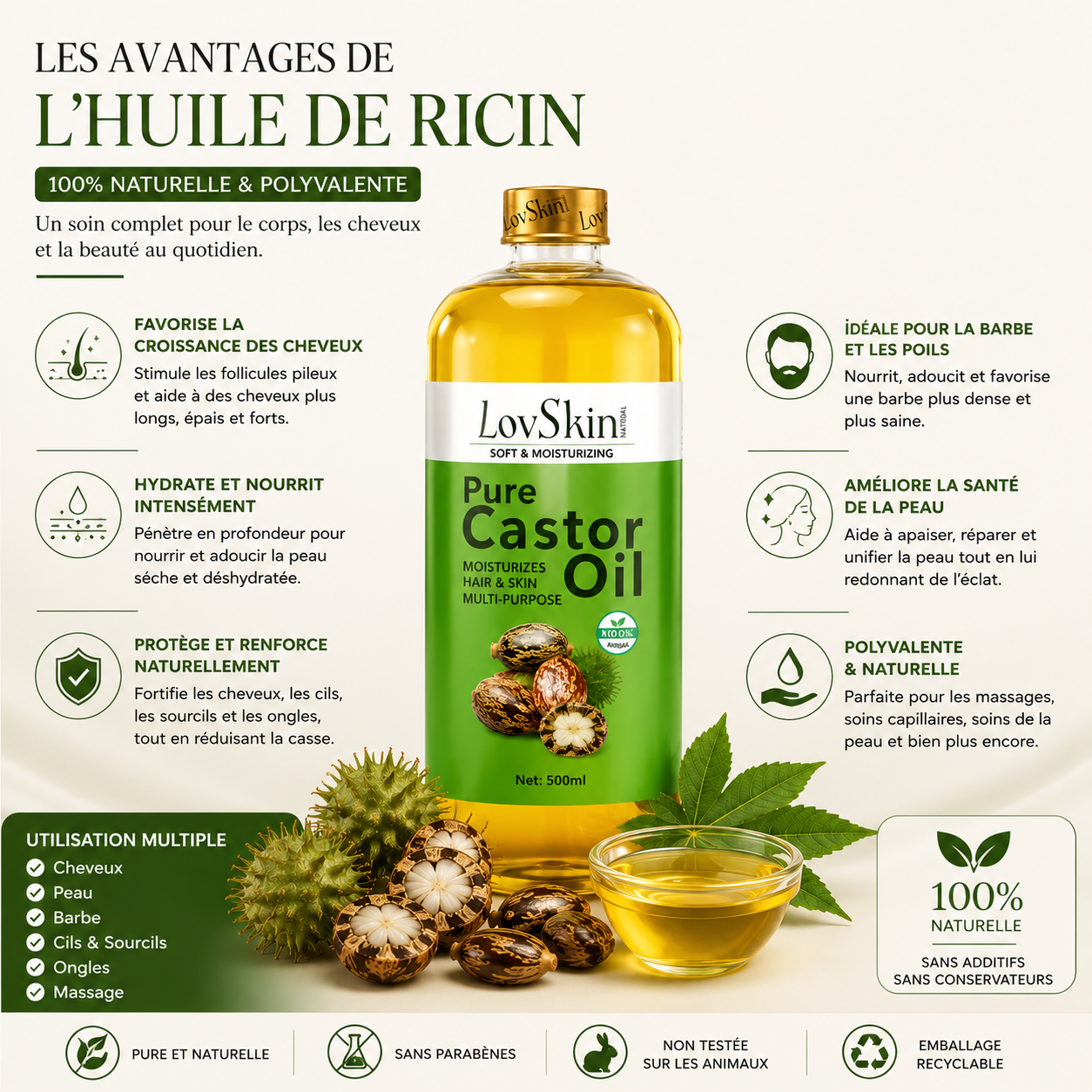 Huile De Ricin Pure LovSkin 500 ml – Huile De Massage Professionnelle Multi-Usages