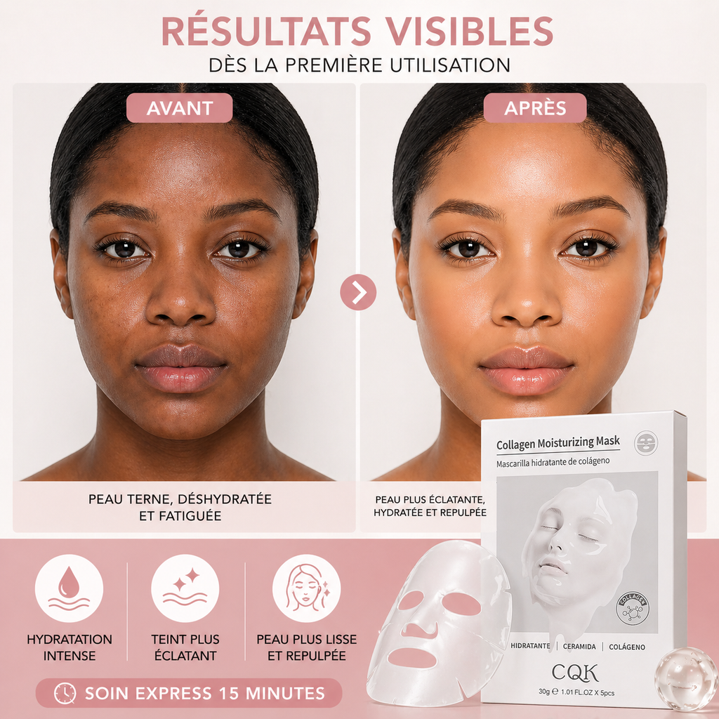 Masque Visage Hydratant au Collagène CQK – Peau Douce, Repulpée & Éclatante (Lot de 5)