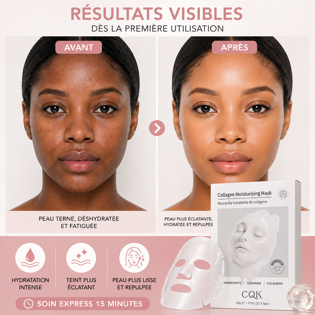 Masque Visage Hydratant au Collagène CQK – Peau Douce, Repulpée & Éclatante (Lot de 5)