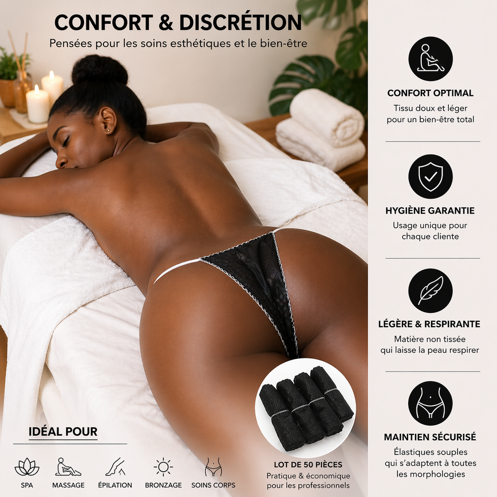 Lot de 50 Culottes String Jetables Noires – Sous-Vêtements Spa & Soins Esthétiques