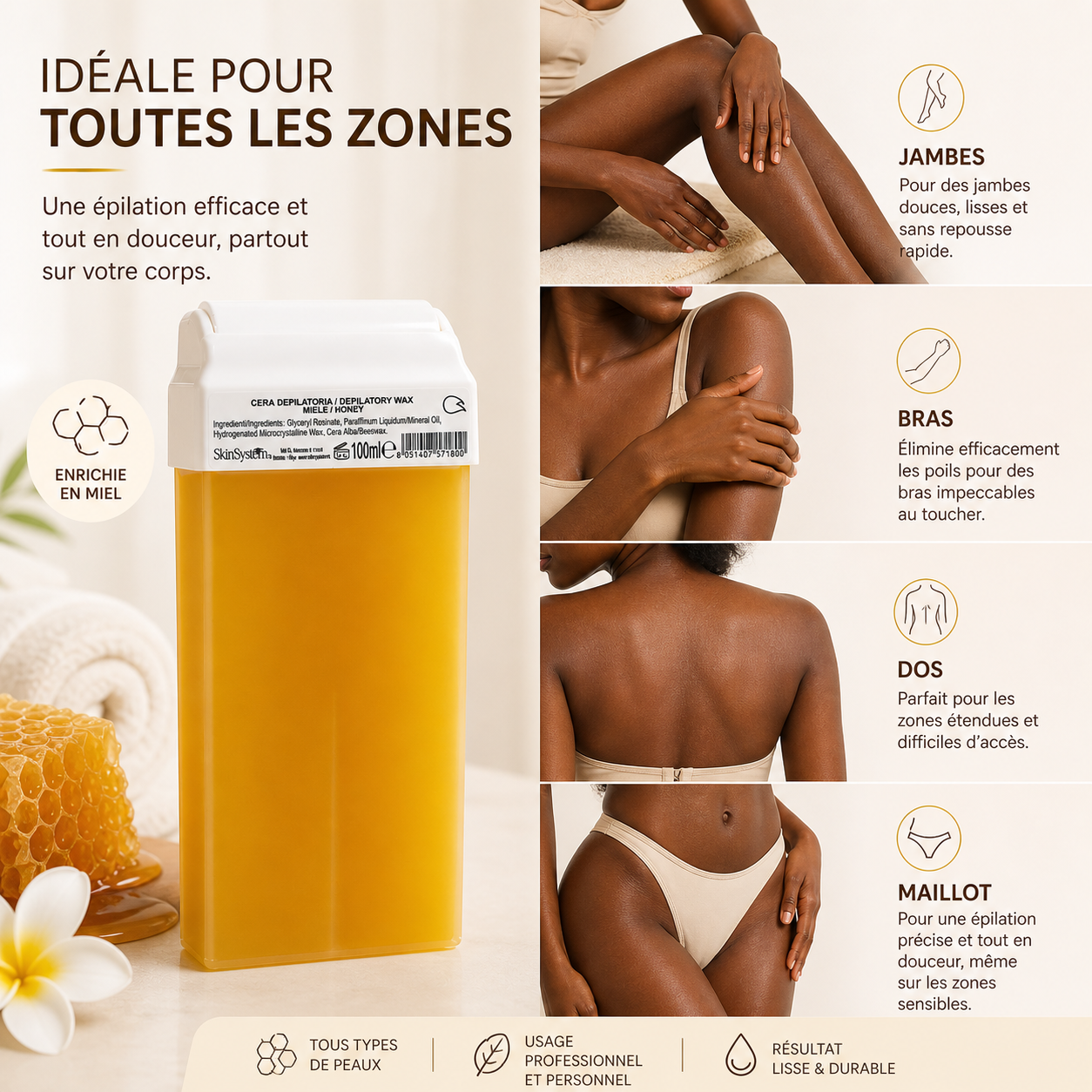 Cartouche de Cire Dépilatoire Miel 100ml – Épilation Douce & Efficace