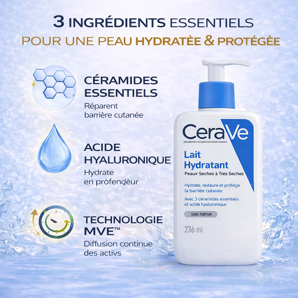 CeraVe Lait Hydratant Peaux Sèches à Très Sèches – Hydratation Longue Durée – Visage & Corps 236ml