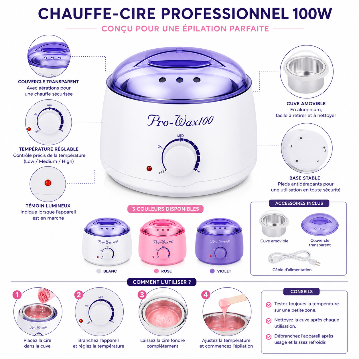 Chauffe-Cire Professionnel 100W – Pot Épilatoire Électrique (Blanc, Rose, Bleu)