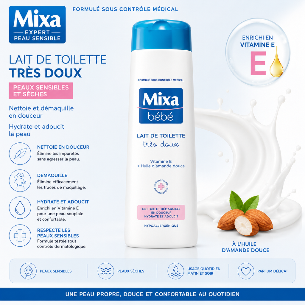 Mixa Lait De Toilette Très Doux 300ml – Nettoyant & Démaquillant Doux Pour Peaux Sensibles