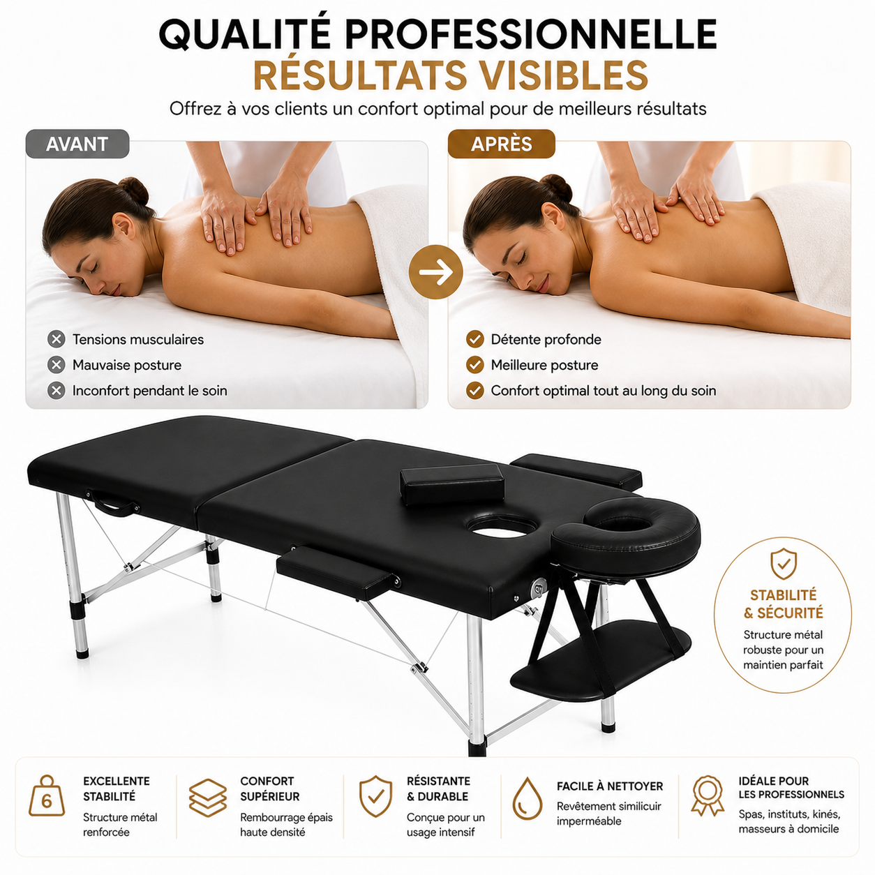 Table de Massage Pliante Professionnelle 2 Zones  – Structure Métal, Portable & Réglable - Avec Sac (Noir)