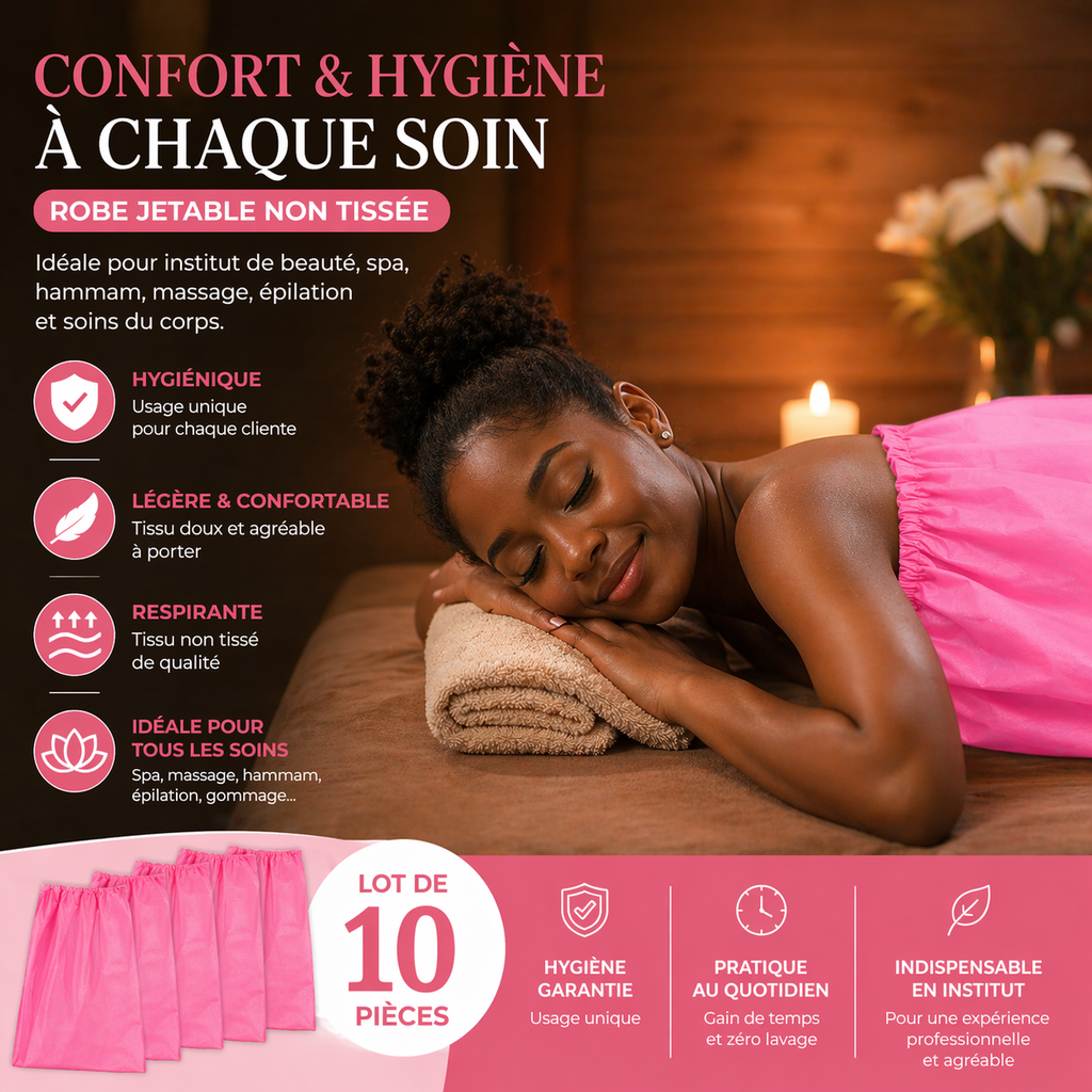 Lot de 10 Robes Jetables Femme Non Tissées – Serviette SPA Usage Unique Élastique – Idéale Institut, Massage, Hammam (Lot Économique)
