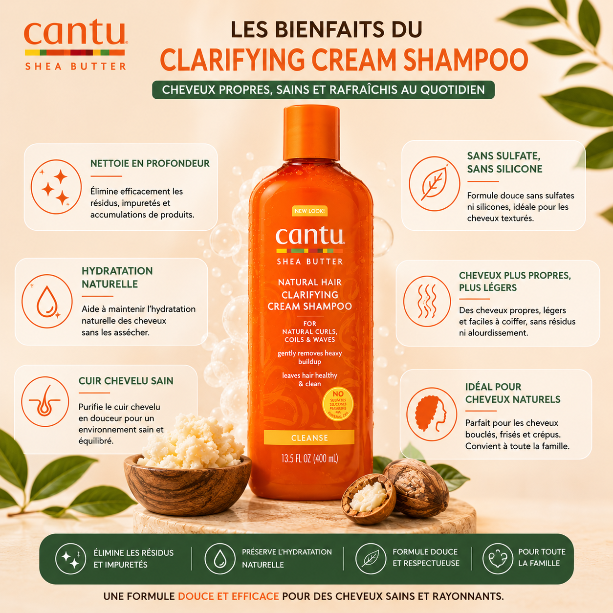 Cantu Shea Butter Natural Hair Clarifying Cream Shampoo – Shampooing Clarifiant Hydratant Sans Sulfate Pour Cheveux Bouclés, Frisés & Crépus