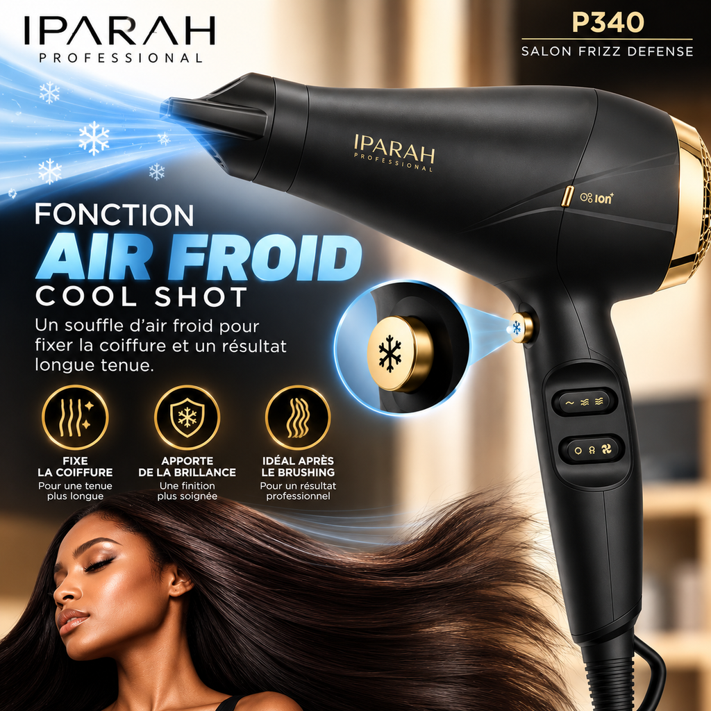 Sèche-Cheveux Professionnel IPARAH P340 – 2400W, Moteur AC, Ionique, 2 Vitesses, 3 Températures & Air Froid